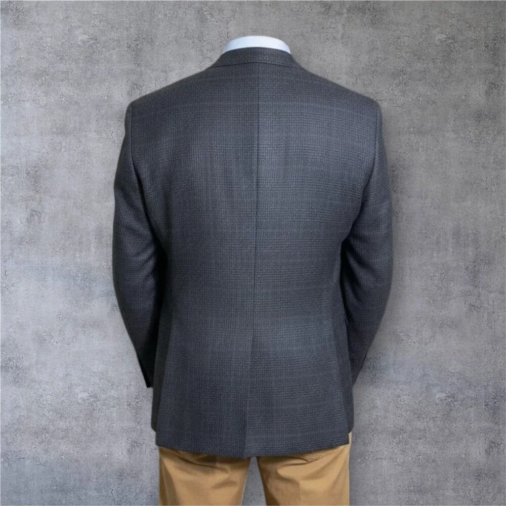 JOSEPH & FEISS Mens Blazer 44L WOOL Navy Sport Coat Two Button Jacket Windowpane